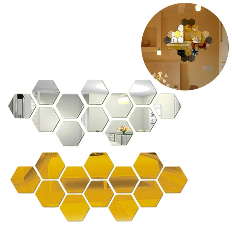 12pcs 3D Mirror Wall Stickers Hexagon Shape